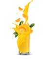 Orange fruit juice splashing into the glass with swirl. Orange s Royalty Free Stock Photo