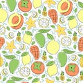 Orange fruit like this citrus, lemon, apricot, persimmon, nectar, mango, peach, pineapple, papaya, star fruit Seamless pattern