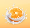 Orange fruit and milk splash. Fruit and yogurt. 3d vector icon