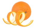 Orange fruit with orange peel isolated on white background. Peeled spiral skin of orange fruit Royalty Free Stock Photo