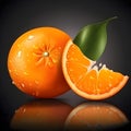 Orange fruit with orange slices and leaves isolated on grey background Royalty Free Stock Photo