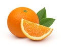 Orange fruit with orange slices and leaves isolated on the white background Royalty Free Stock Photo