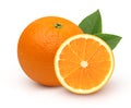 Orange fruit with orange slices and leaves isolated on the white background, cut out Royalty Free Stock Photo