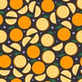 Orange fruit pattern on dark. Bright beautiful citrus seamless background. Vector illustration in flat