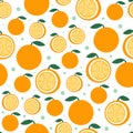 Orange fruit pattern on white. Bright beautiful citrus seamless background. Vector illustration in flat