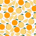 Orange fruit pattern on white. Bright beautiful citrus seamless background. Vector illustration in flat