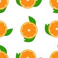 Orange fruit seamless with leaf. High detailed sliced oranges. Flat color Vector Illustration. Royalty Free Stock Photo