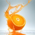 Orange fruit slice with juice splash. Fresh citrus fruit juice realistic vector swirl or splash, healthy vitamin drink whirl Royalty Free Stock Photo