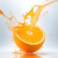 Orange fruit slice with juice splash. Fresh citrus fruit juice realistic vector swirl or splash, healthy vitamin drink whirl Royalty Free Stock Photo