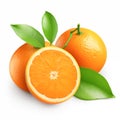 Orange fruit with sliced cut in half and green leaves isolated on white background Royalty Free Stock Photo