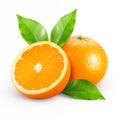 Orange fruit with sliced cut in half and green leaves isolated on white background Royalty Free Stock Photo