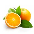 Orange fruit with sliced cut in half and green leaves isolated on white background Royalty Free Stock Photo