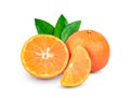 Orange fruit sliced with leaves isolated on white background Royalty Free Stock Photo