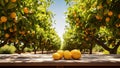 Orange fruit on table near tree garden background. Closeup citrus fruits on wood garden table. Organic oranges food with vitamins Royalty Free Stock Photo