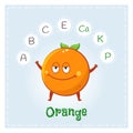 Orange fruit vitamins and minerals. Funny fruit character. Healthy food illustration