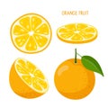 Orange fruit. Whole, half, and slice of fruit isolated on white. Fresh sour Citrus fruit with inscription. Dietetic Royalty Free Stock Photo