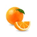 Orange fruit whole and slice with Green Leaf. Vector realistic 3d citrus fruit illustration Royalty Free Stock Photo