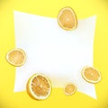 Orange fruit. Yellow background 3d image. Fresh fruits white banne for text