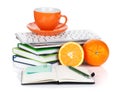 Orange fruits, coffee cup and office supplies Royalty Free Stock Photo