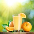 Orange fruits and glass of orange juice.