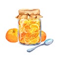 Orange fruits, jam - glass jar with citrus slices, spoon. Watercolor food