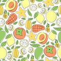 Orange fruits like citrus, lemon, apricot, persimmon, nectar, mango, peach, pineapple, papaya, star fruit Seamless pattern