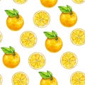 Orange fruits ripe with green leaves. Watercolor drawing. Handwork. Tropical fruit. Healthy food. Seamless pattern for design Royalty Free Stock Photo