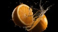 Orange fruits slice with water splash, black background. Generative AI Royalty Free Stock Photo