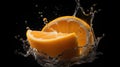 Orange fruits slice with water splash, black background. Generative AI Royalty Free Stock Photo