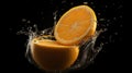 Orange fruits slice with water splash, realistic, black background. Generative AI