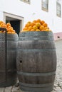 Orange Fruits over Big Oak wooden Barrels Royalty Free Stock Photo