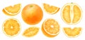 Orange fruits whole, half, slice, cut isolated on white background.Top view, side view exotic citrus. Halthy food