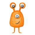 Orange funny happy cartoon alien space monster. Watercolor isolated illustration on white background