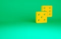 Orange Game dice icon isolated on green background. Casino gambling. Minimalism concept. 3d illustration 3D render Royalty Free Stock Photo