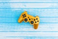 Orange Gaming Joystick On Blue And White Wood Background High Co Royalty Free Stock Photo