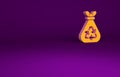 Orange Garbage bag with recycle symbol icon isolated on purple background. Trash can icon. Recycle basket sign