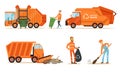 Orange garbage truck and a garbage collector remove garbage. Set of vector illustrations.