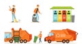 Orange garbage truck and garbage man. Set of vector illustrations.