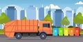 Orange garbage truck urban sanitary vehicle loading recycling bins segregate waste sorting management concept modern