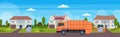 Orange garbage truck urban sanitary vehicle loading recycling bins waste recycling concept modern cottage house