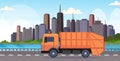 Orange garbage truck urban sanitary vehicle moving city highway waste recycling concept modern cityscape background flat