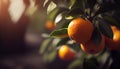 Orange garden with ripening orange fruits on the trees with green leaves, natural and food background