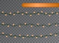 Orange garland set, Christmas decoration lights effects. Isolated transparent vector design elements. Glowing lights for