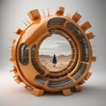 an orange gear wheel with a woman in the middle. generative ai