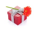 Orange gerbera flower over red gift box Royalty Free Stock Photo