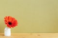 Orange gerbera flower in vase on wooden table Royalty Free Stock Photo