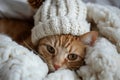 An orange ginger tabby cat wearing a knitted beanie hat lying in a fluffy white blanket