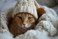 An orange ginger tabby cat wearing a knitted beanie hat peeks out from a chunky white blanket