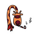 An orange giraffe with a red scarf plays music on a pipe. Notes fly out. Vector illustration in cartoon style. Royalty Free Stock Photo