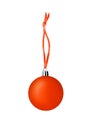 Orange glass ball hanging on ribbon on white background isolated close up, red ÃÂ¡hristmas tree decoration, shiny round bauble